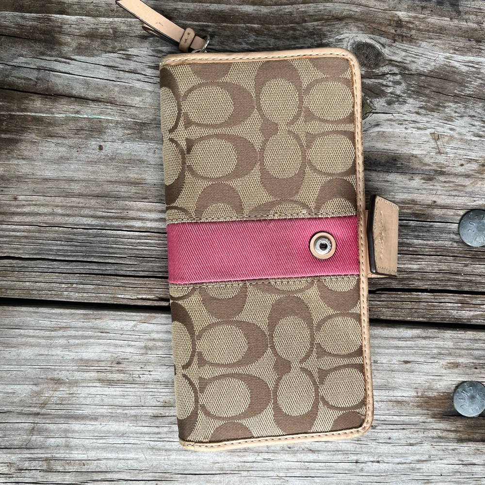 Coach pink and tan large wallet with zipper pouch and card holder